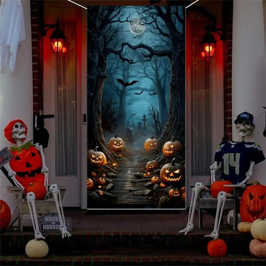 Halloween Door Decorations Horror Moon Night Dead Tree Scary Cemetery Pumpkins Door Cover Banner Halloween Front Door Porch Back