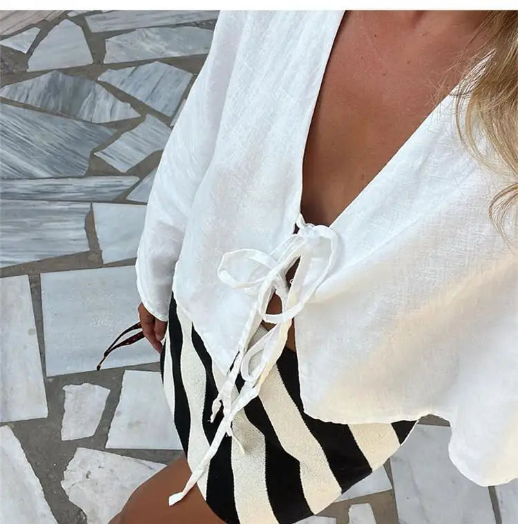 Spring 2025 V-Neck Lace-Up Linen Blouse – Casual Loose Fit