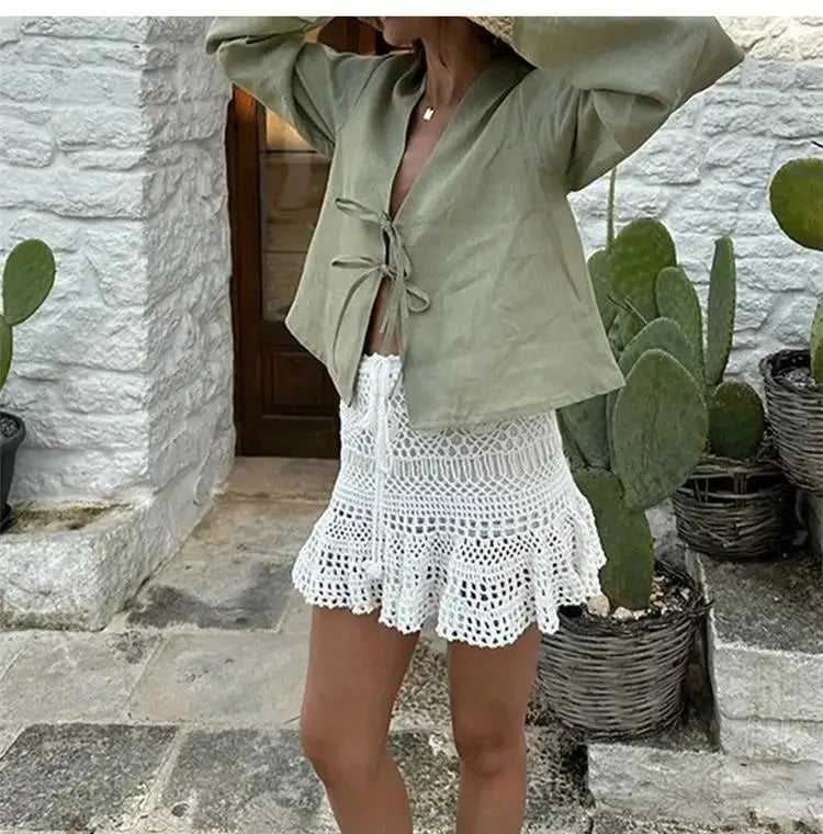 Spring 2025 V-Neck Lace-Up Linen Blouse – Casual Loose Fit