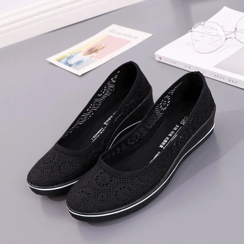 Women’s White Lace Breathable Slip-On Sneakers – Casual Summer Flats with Low Wedge Comfort Sole