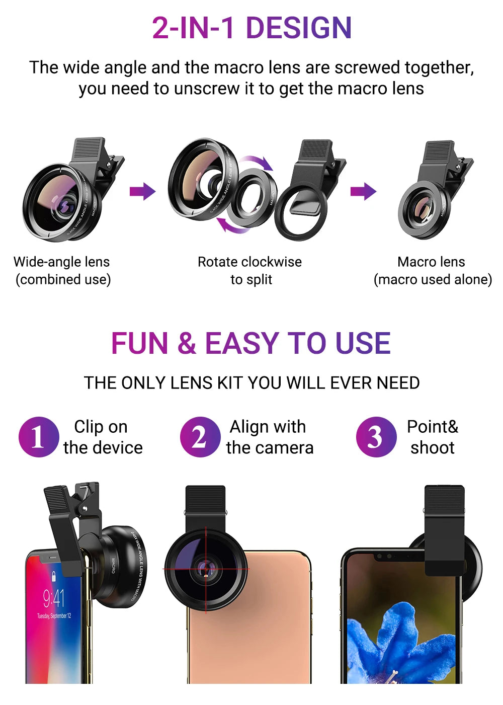 APEXEL 2-in-1 Phone Camera Lens – 0.45x Wide + 12.5x Macro