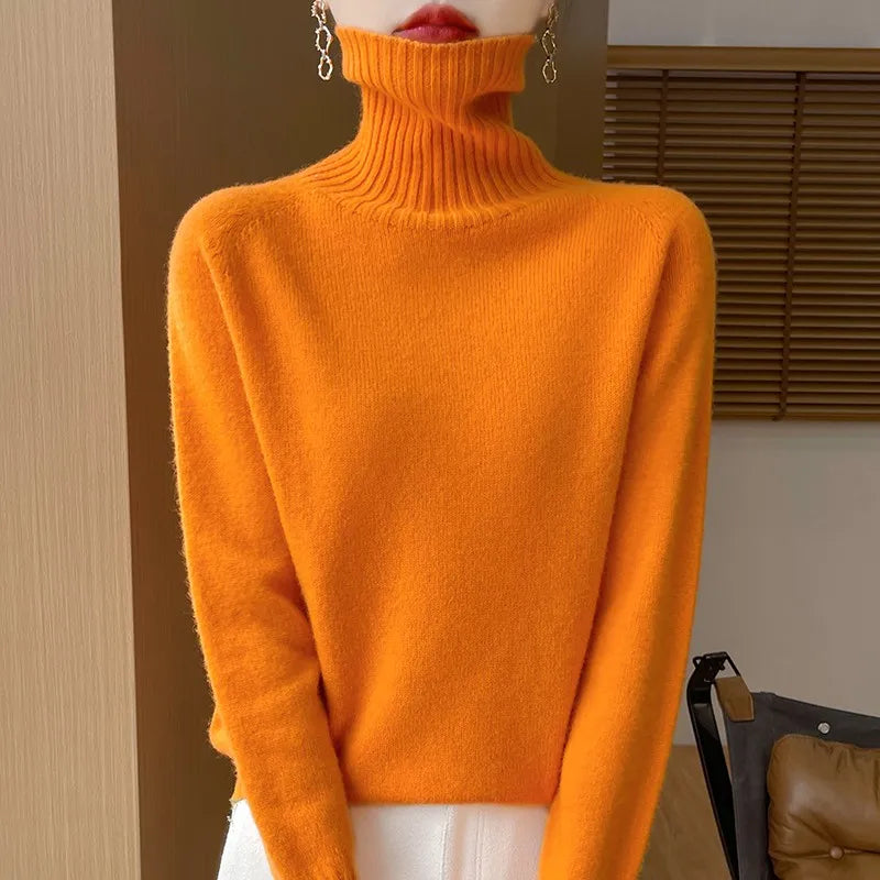 Women's Clothing New Fashion Autumn And Winter Merino Wool Pullover Solid Color Long Sleeve Basic Thermal Top 100% Wool Sweater