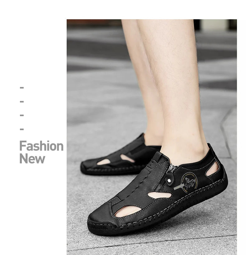 Men’s Leather Roman Sandals – Breathable Handmade Casual Summer Shoes for Outdoor & Beach