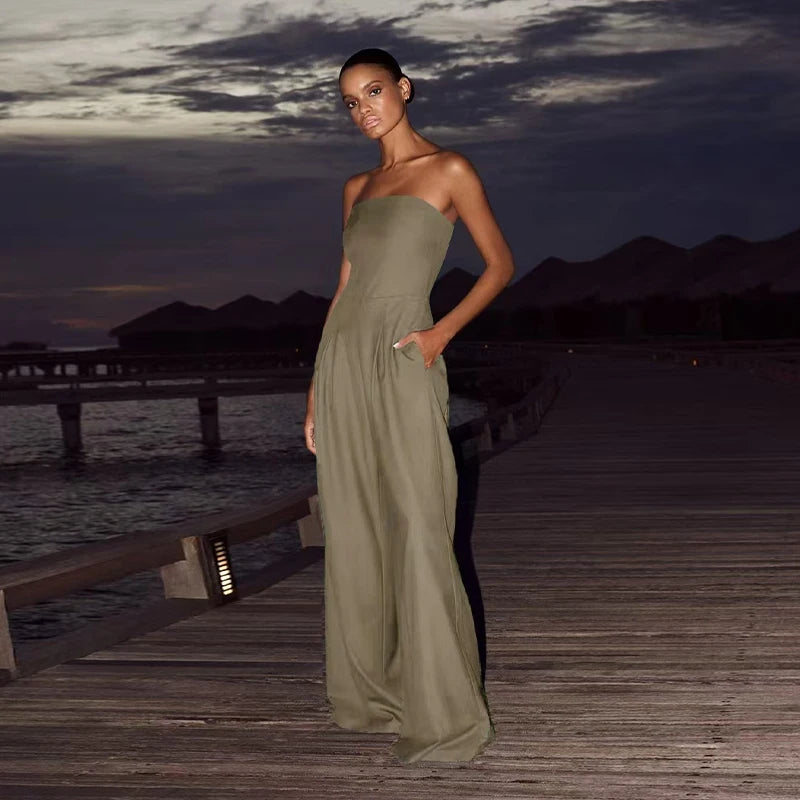 Backless Off-Shoulder Jumpsuit – Wide-Leg High Waist Summer Romper for Women