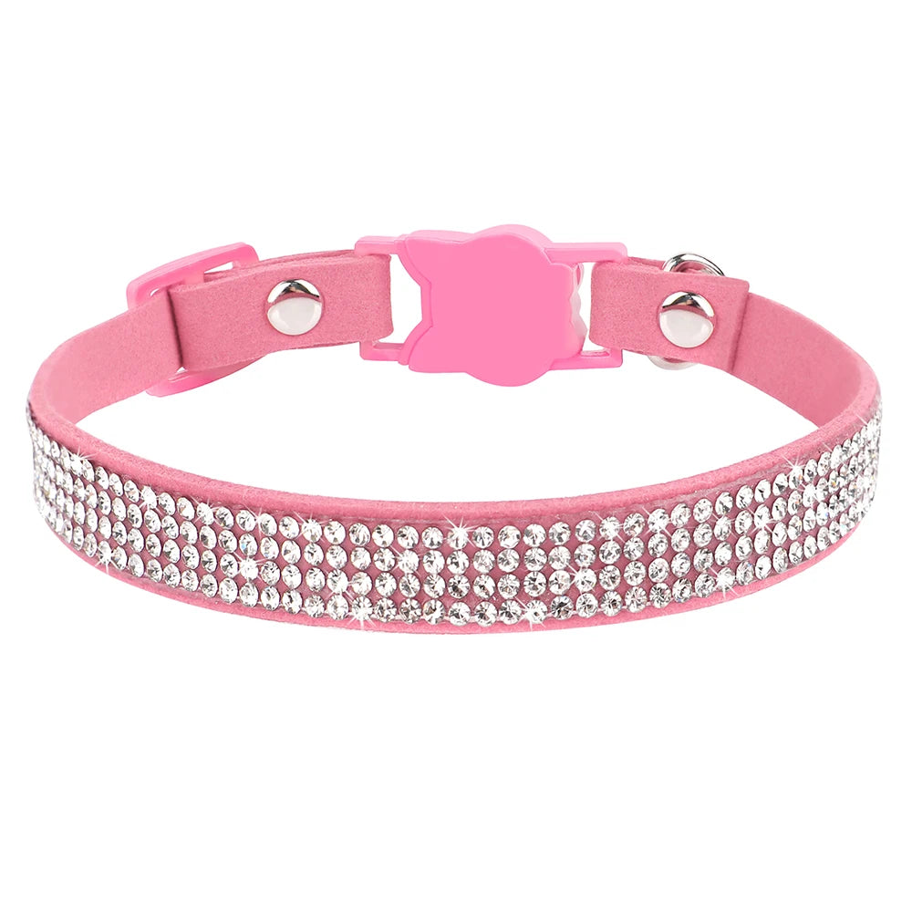 Bling Suede Cat Collar – Rhinestone Bell, Soft & Safe