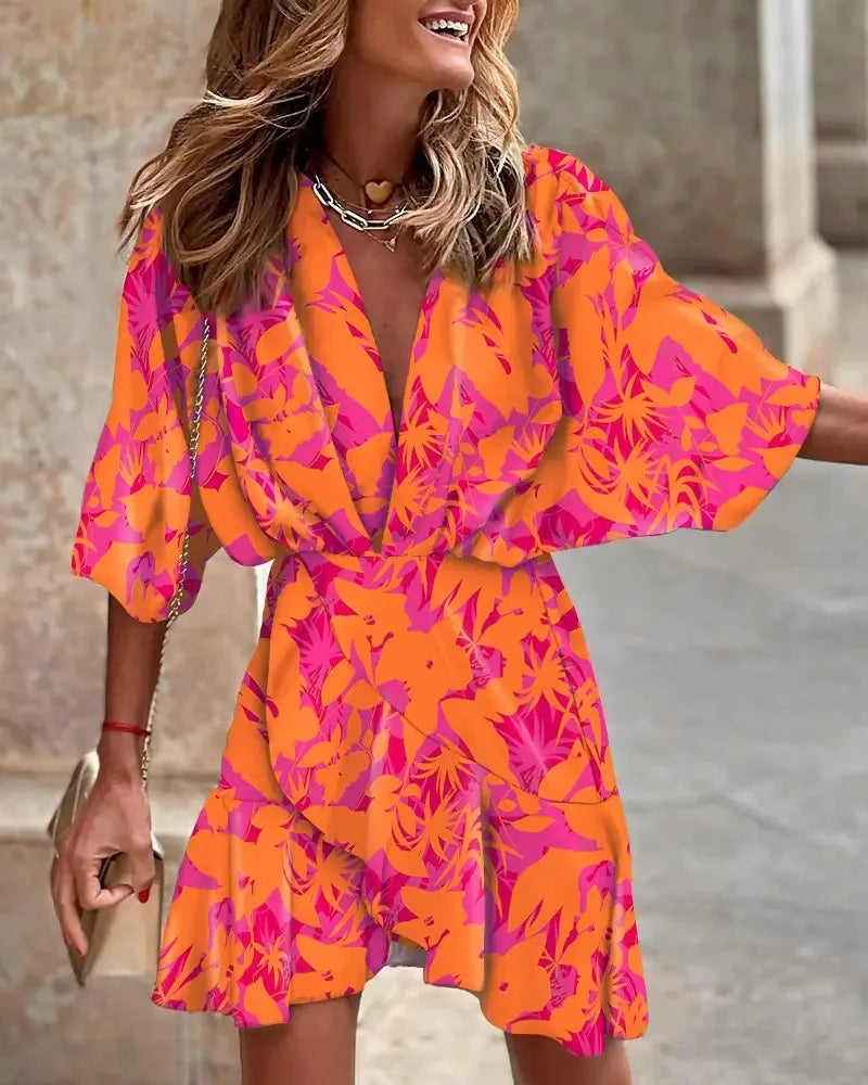 Boho Floral V-Neck Mini Dress – Batwing Sleeve Beach Style