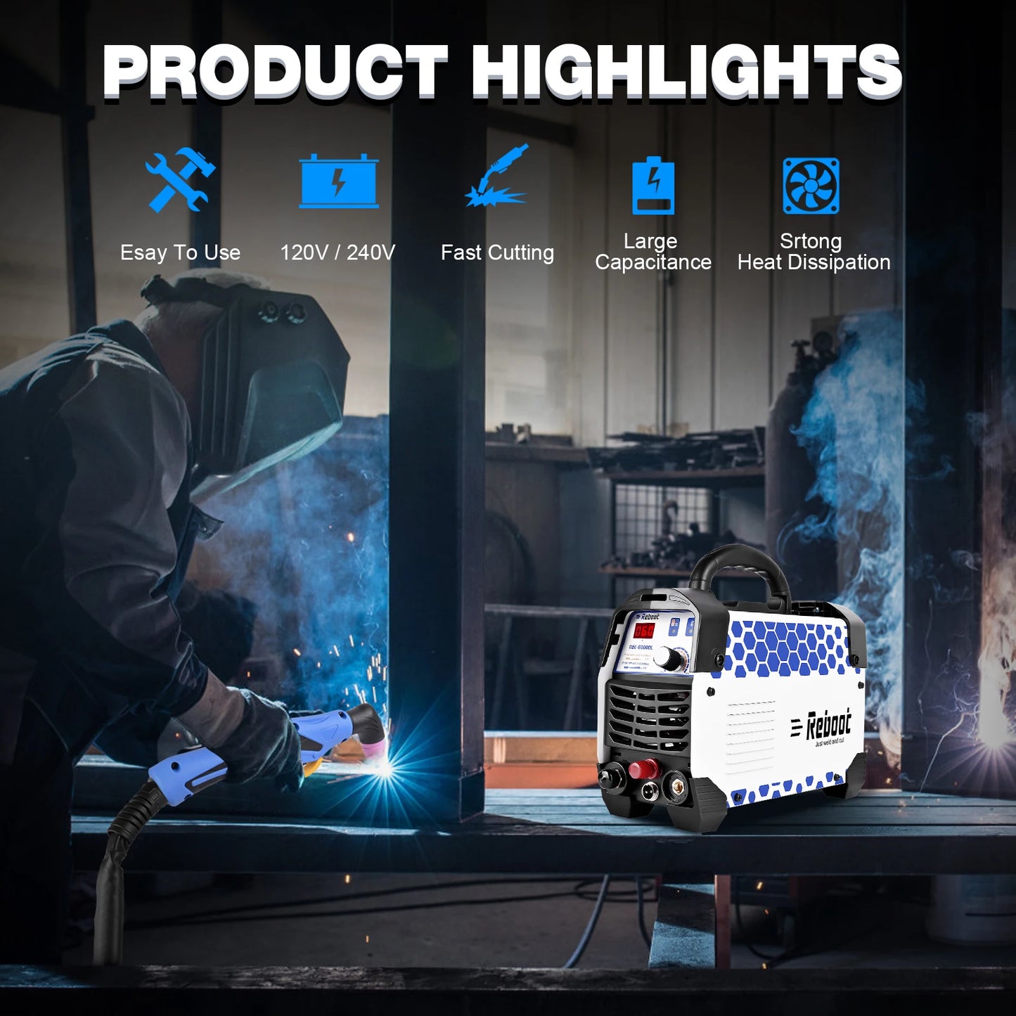 Reboot Plasma Cutter 60 Amp Pilot Arc Cutting Machine Non-Touch 1/2 inch (12mm) Clean Cut 3/4 inch (19mm) Severance Cut 110/220V