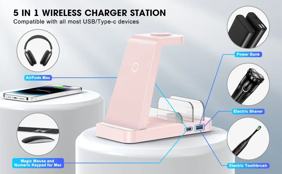 5-in-1 Fast Wireless Charging Station for Multiple Devices for iPhone 15 14 13 12 Pro Max Apple Watch Airpods