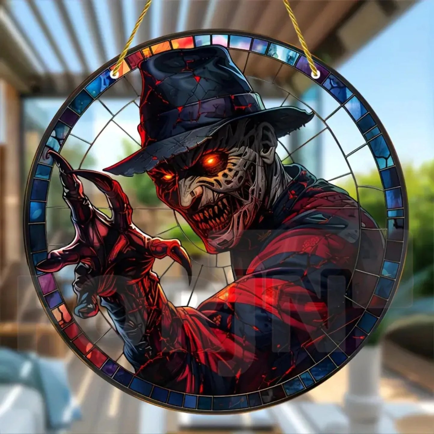 Horror Theme Stained Window Hanging Sun Catcher,Round Acrylic Translucent Sign,Halloween Decor for House,bar,Porch,Patio Garden