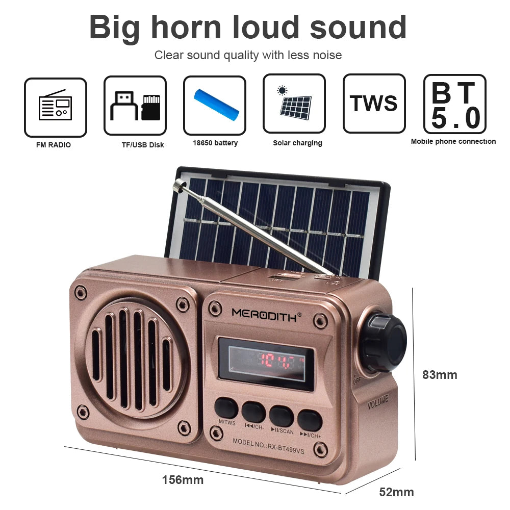 MD-499 Solar Bluetooth Speaker with FM Radio & USB MP3 – Emergency Power Bank