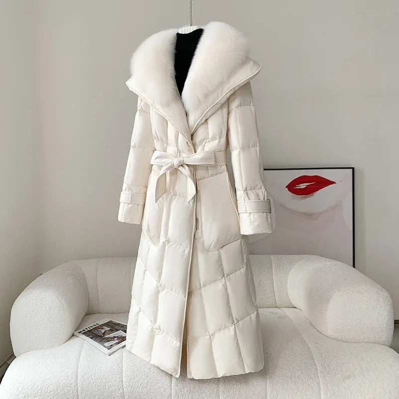Reality Fur Jacket Women New Winter White Duck Down Coat Warm Long Parkas Real Fox Fur Collar Female Hooded Snow Puffer Coats