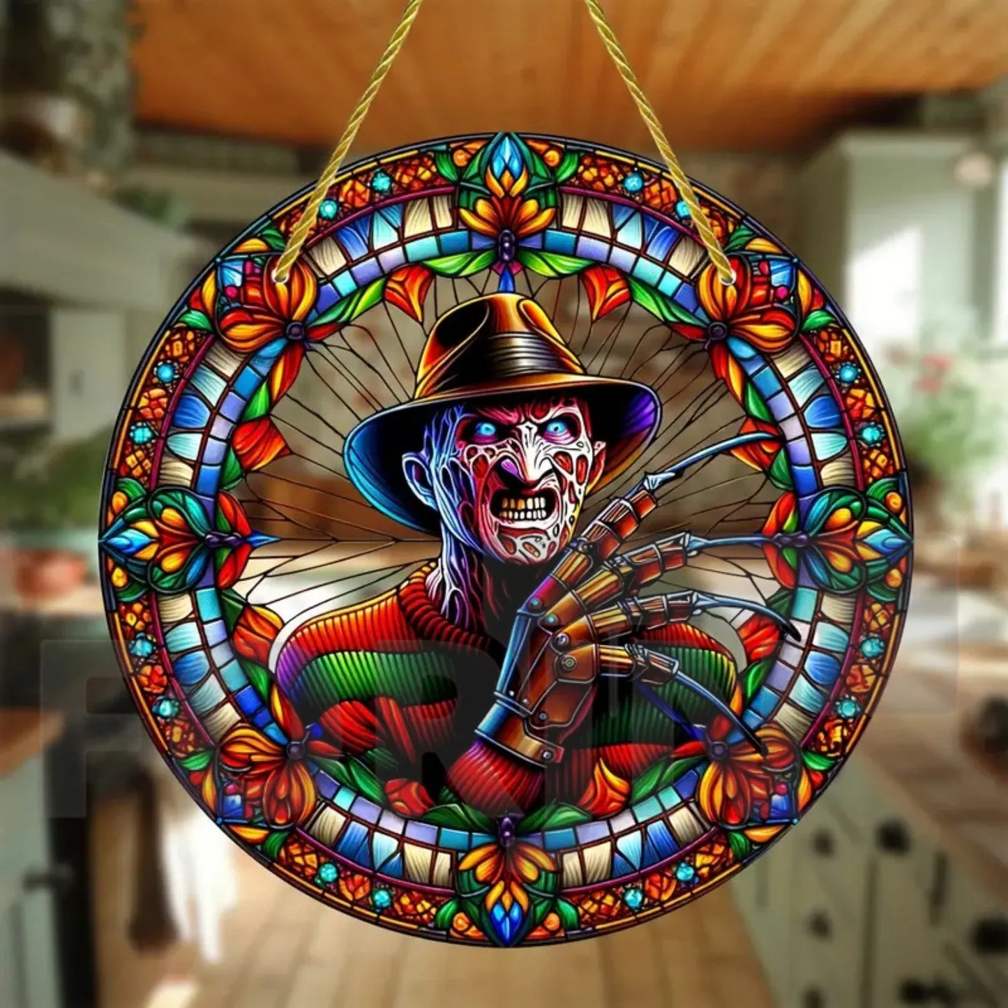 Horror Theme Stained Window Hanging Sun Catcher,Round Acrylic Translucent Sign,Halloween Decor for House,bar,Porch,Patio Garden