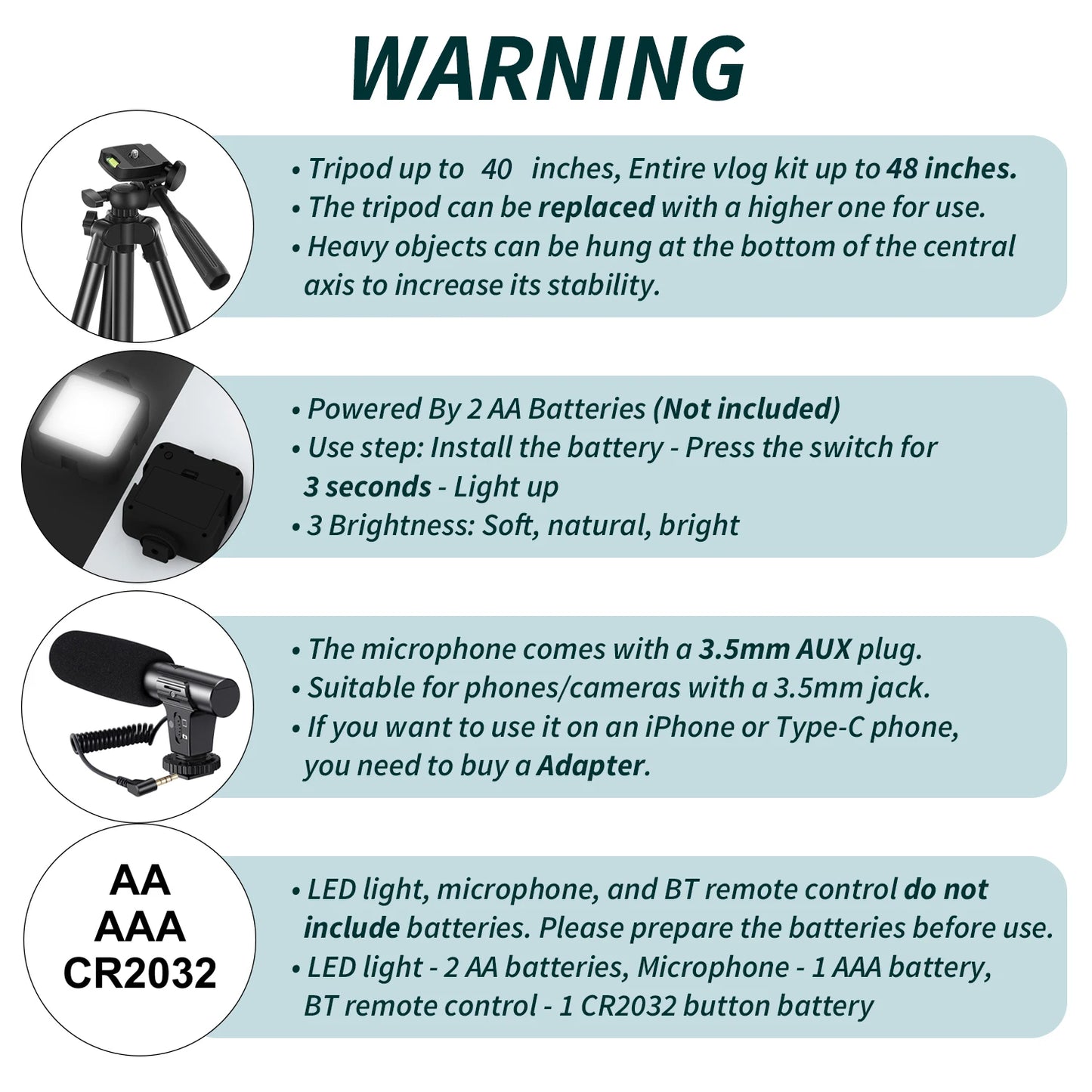 MAMEN Vlogging Kit with Tripod, LED Light & Mic – Portable 48" Setup for Phone Videos & Live Streaming