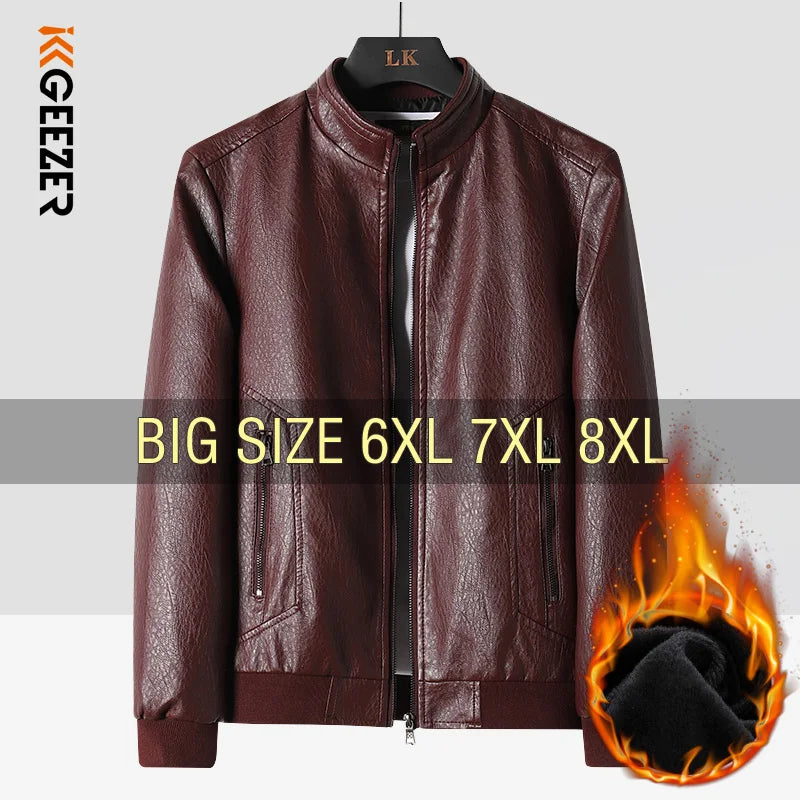 Leather Jacket Men Coats Motorcycle Autumn Travel Fleece Black Zipper Plus Size 6XL 7XL 8XL Oversized Winter Slanted Overcoat