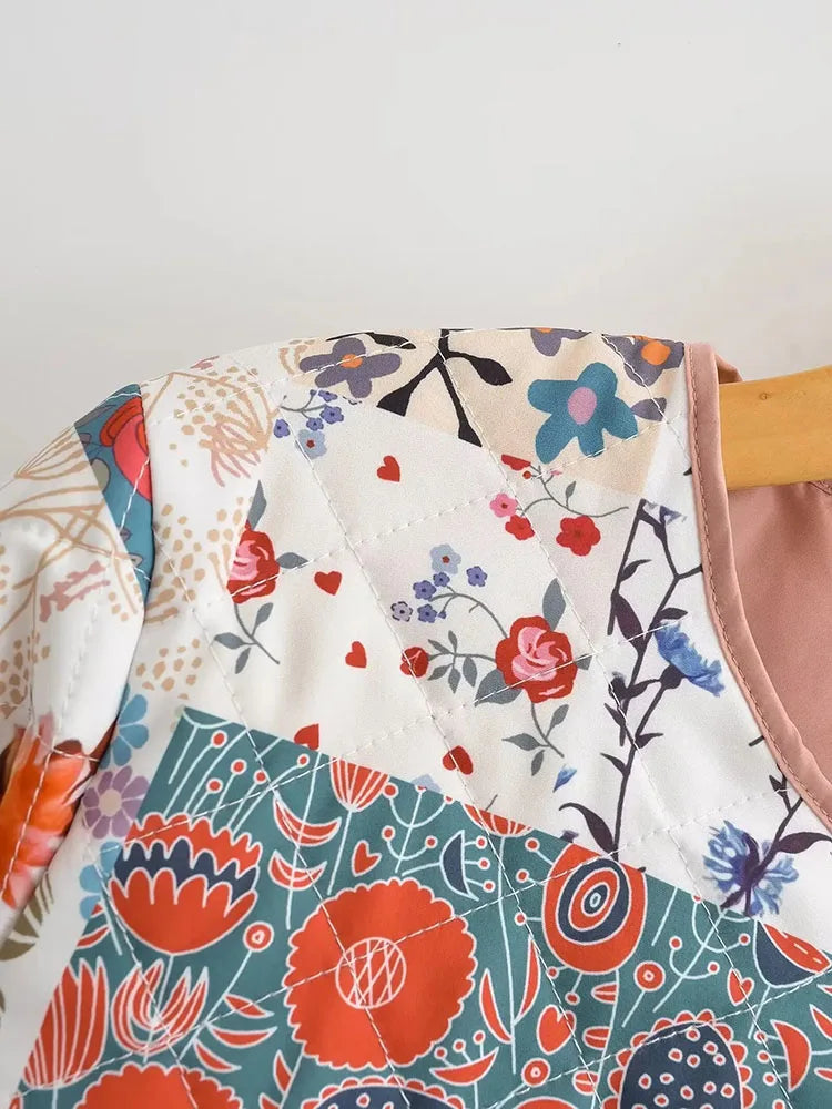Women’s Quilted Floral Jacket – Vintage Loose Fit Winter Coat