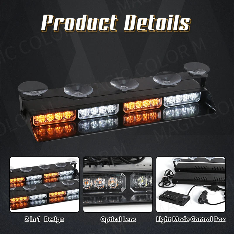 32 LED Car Front Windshield Safety Warning Light 2 In1 For Police Vehicles Interior Strobe Emergency Signal Lamp Suction Cup 12V