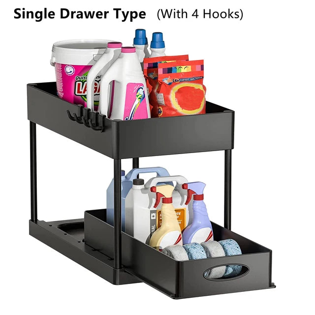 2-Tier Under Sink Organizer with Sliding Drawers & Hooks