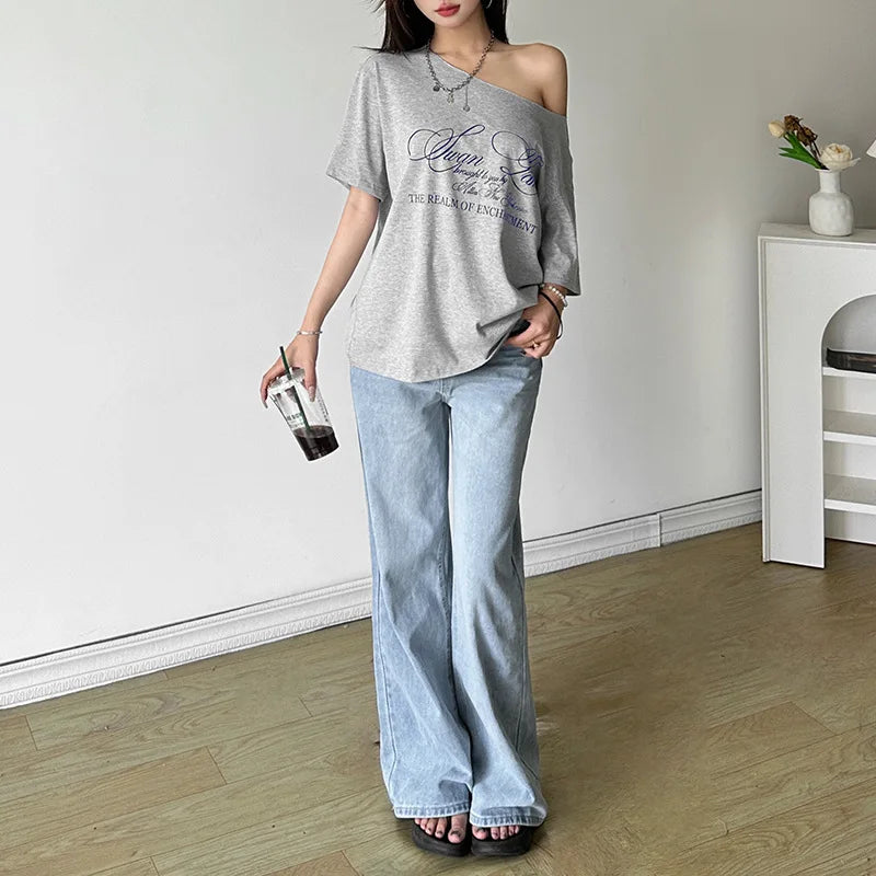 Casual Relax Woman T-shirt Letter 2025 Women Oversized One Shoulder Tops Versatile Street Atmosphere Style Fashionable Tops
