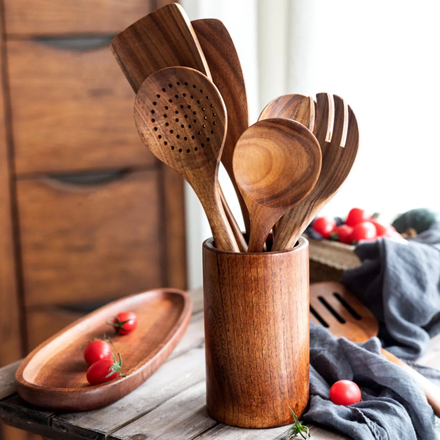 Wooden Kitchenware Cooking Utensils Set Non-stick Cookware Spatula Shovel Natural Teak Wooden Kitchen Cooking Tool Set 2025