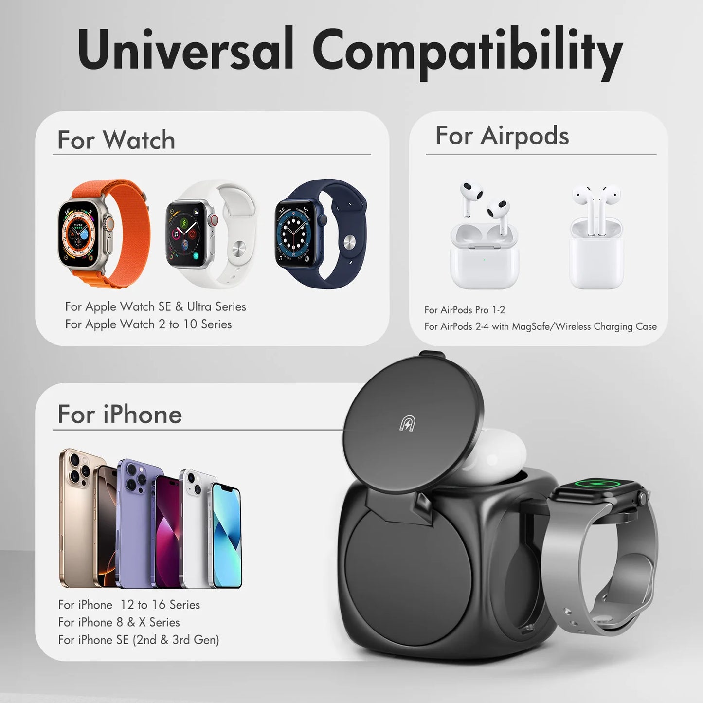3-In-1 Magnetic Wireless Charging Station Foldable 15W Fast Charge 360 Rotating for IPhone 16 15 14 13 12 Pro/Pro Max/Plus