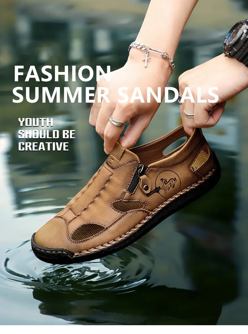Men’s Leather Roman Sandals – Breathable Handmade Casual Summer Shoes for Outdoor & Beach