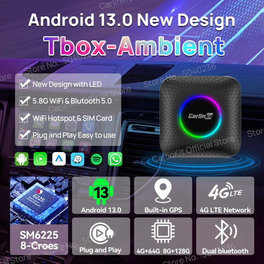 128GB CarlinKit LED Wireless CarPlay Android Auto Box CarPlay Ai Box Android 13 Video Playback Split Screen Qualcomm 8cores FOTA
