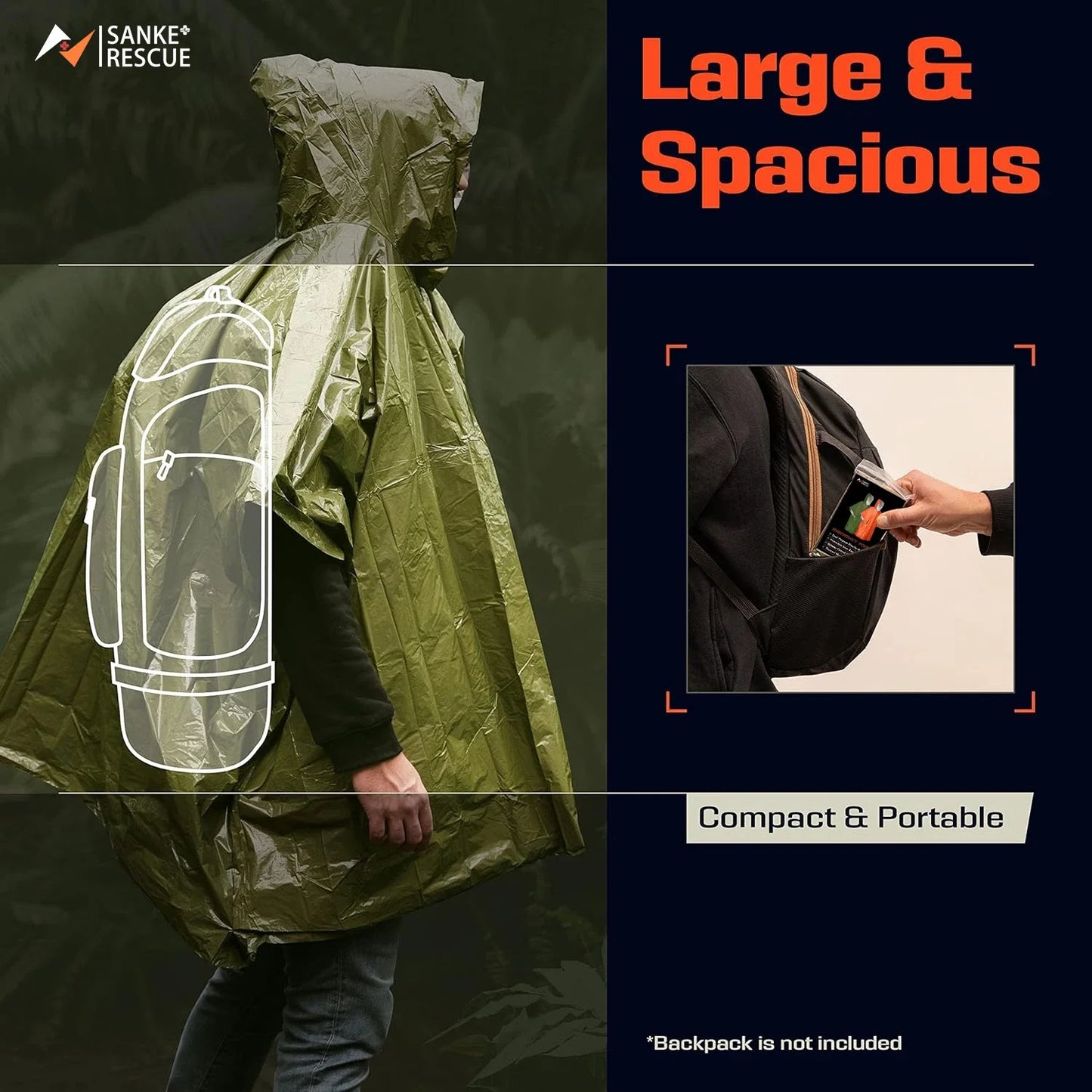 3 In 1 Outdoor Military Raincoat Hooded Sleeve Waterproof Rain Poncho Motorcycle Rain Cover Camping Hiking Travel Rainwear Tent