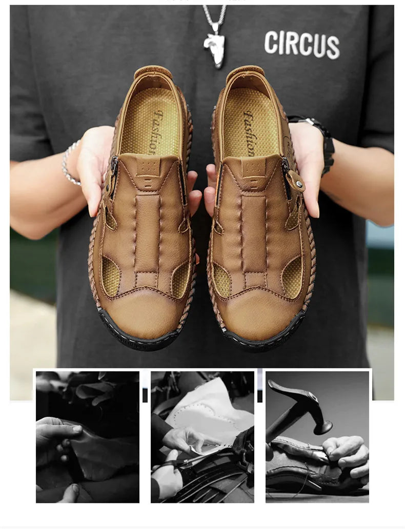 Men’s Leather Roman Sandals – Breathable Handmade Casual Summer Shoes for Outdoor & Beach
