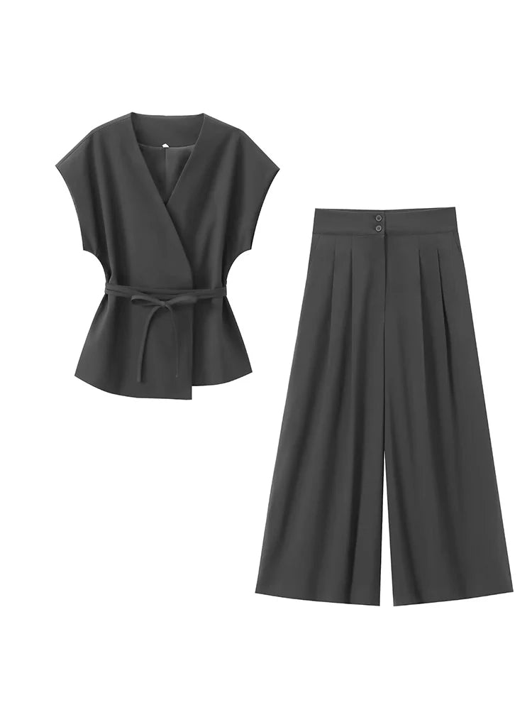 Women’s V-Neck Sleeveless Trouser Set – Summer Chic