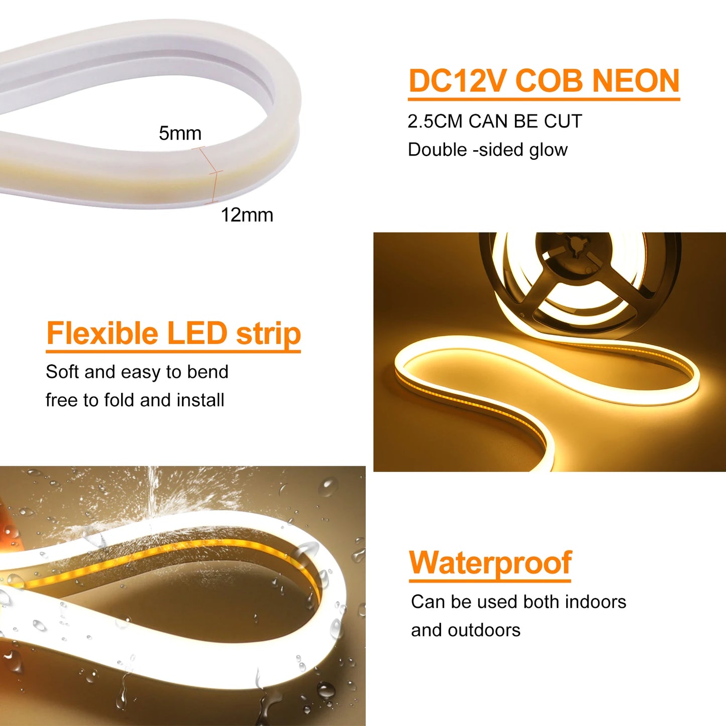 COB LED Strip Light – Dual Glow, Waterproof & Flexible (12V/24V)