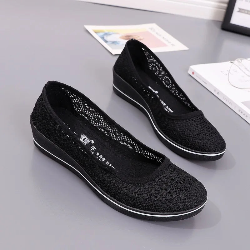 Women’s White Lace Breathable Slip-On Sneakers – Casual Summer Flats with Low Wedge Comfort Sole