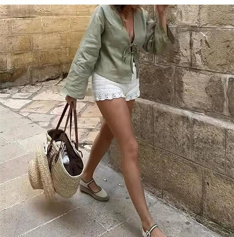 Spring 2025 V-Neck Lace-Up Linen Blouse – Casual Loose Fit