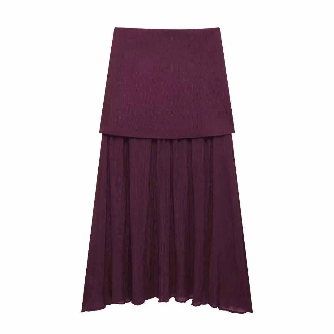 Elegant Wine Red Knitted Skirt Set for Women – V-Neck Vest & High-Waist Midi Skirt | Spring/Summer 2025