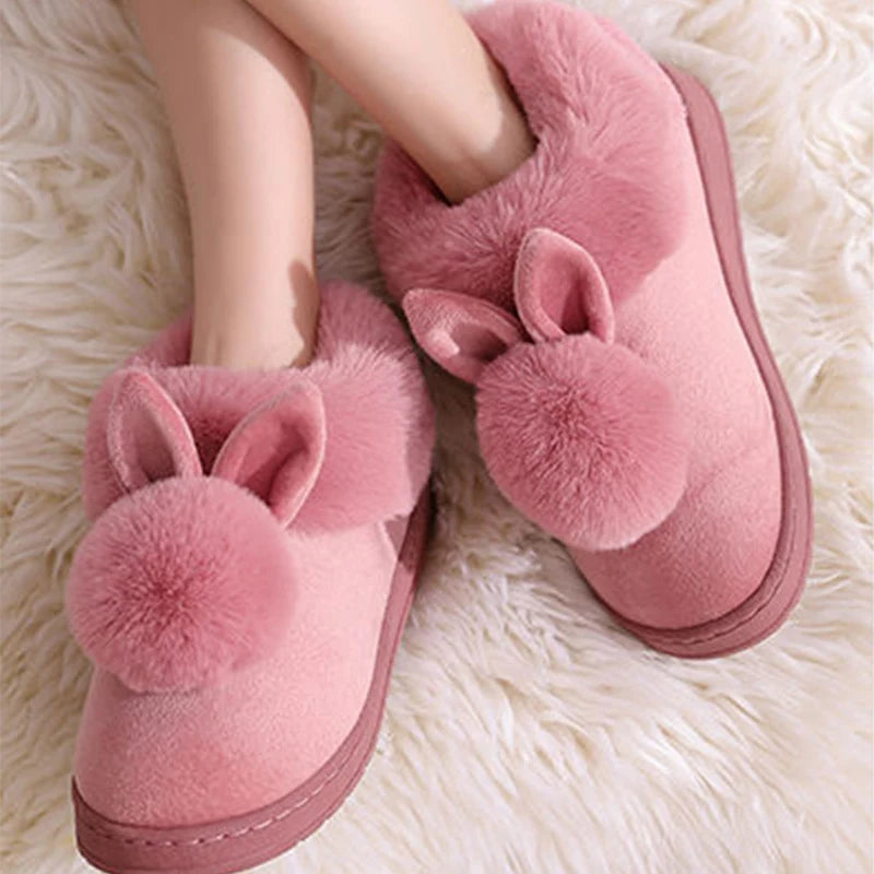 Winter Warm Home Fur Boots Womens Indoor Home Rabbit Shoe Furry Ears Footwear Indoor Bedroom Flat Heels Fluffy Ankle Boots