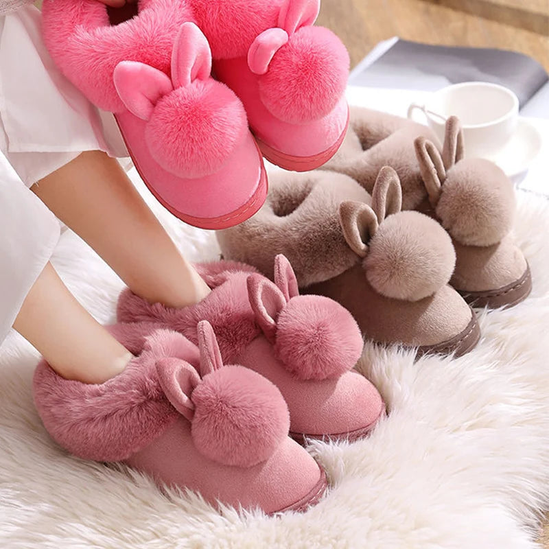 Winter Warm Home Fur Boots Womens Indoor Home Rabbit Shoe Furry Ears Footwear Indoor Bedroom Flat Heels Fluffy Ankle Boots