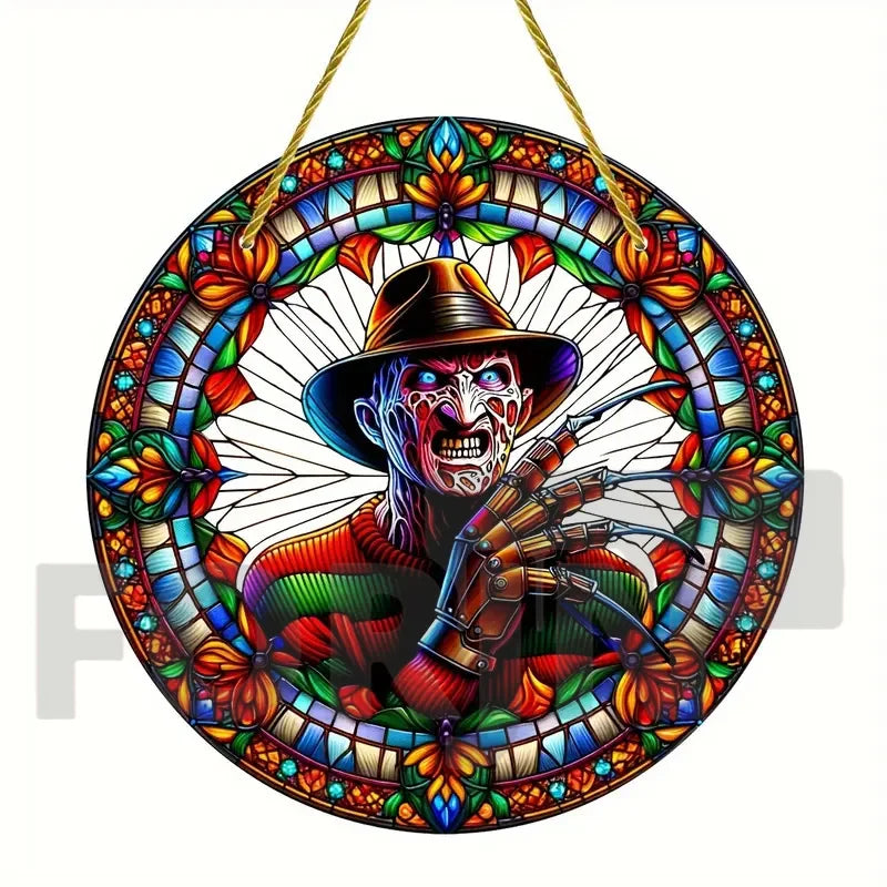 Horror Theme Stained Window Hanging Sun Catcher,Round Acrylic Translucent Sign,Halloween Decor for House,bar,Porch,Patio Garden