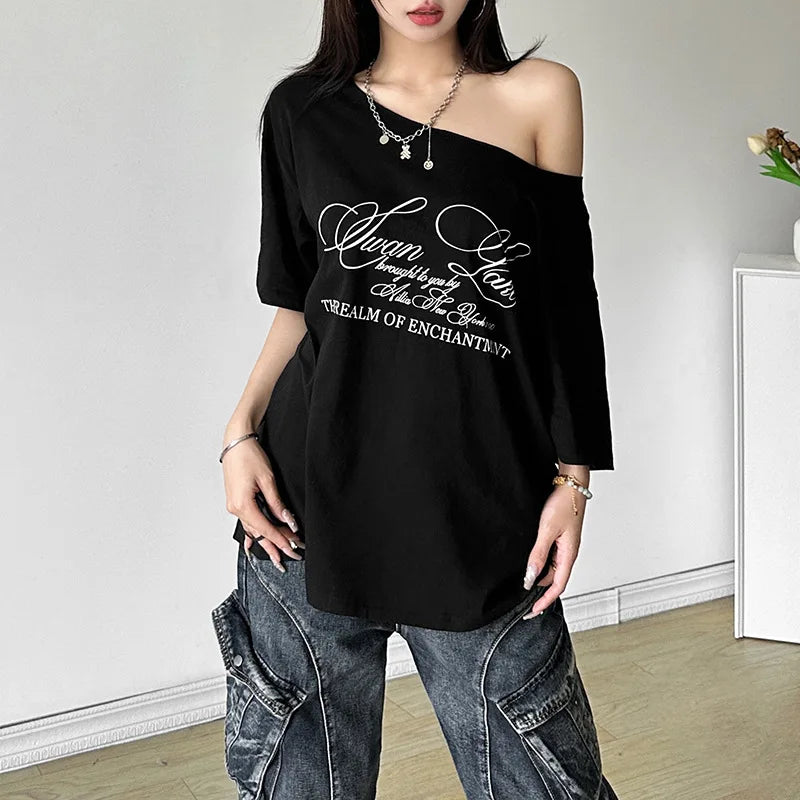 Casual Relax Woman T-shirt Letter 2025 Women Oversized One Shoulder Tops Versatile Street Atmosphere Style Fashionable Tops