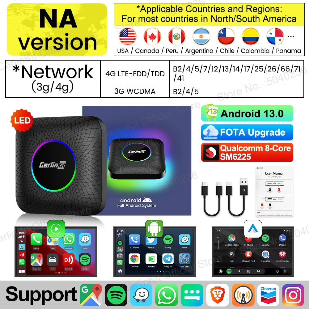 128GB CarlinKit LED Wireless CarPlay Android Auto Box CarPlay Ai Box Android 13 Video Playback Split Screen Qualcomm 8cores FOTA