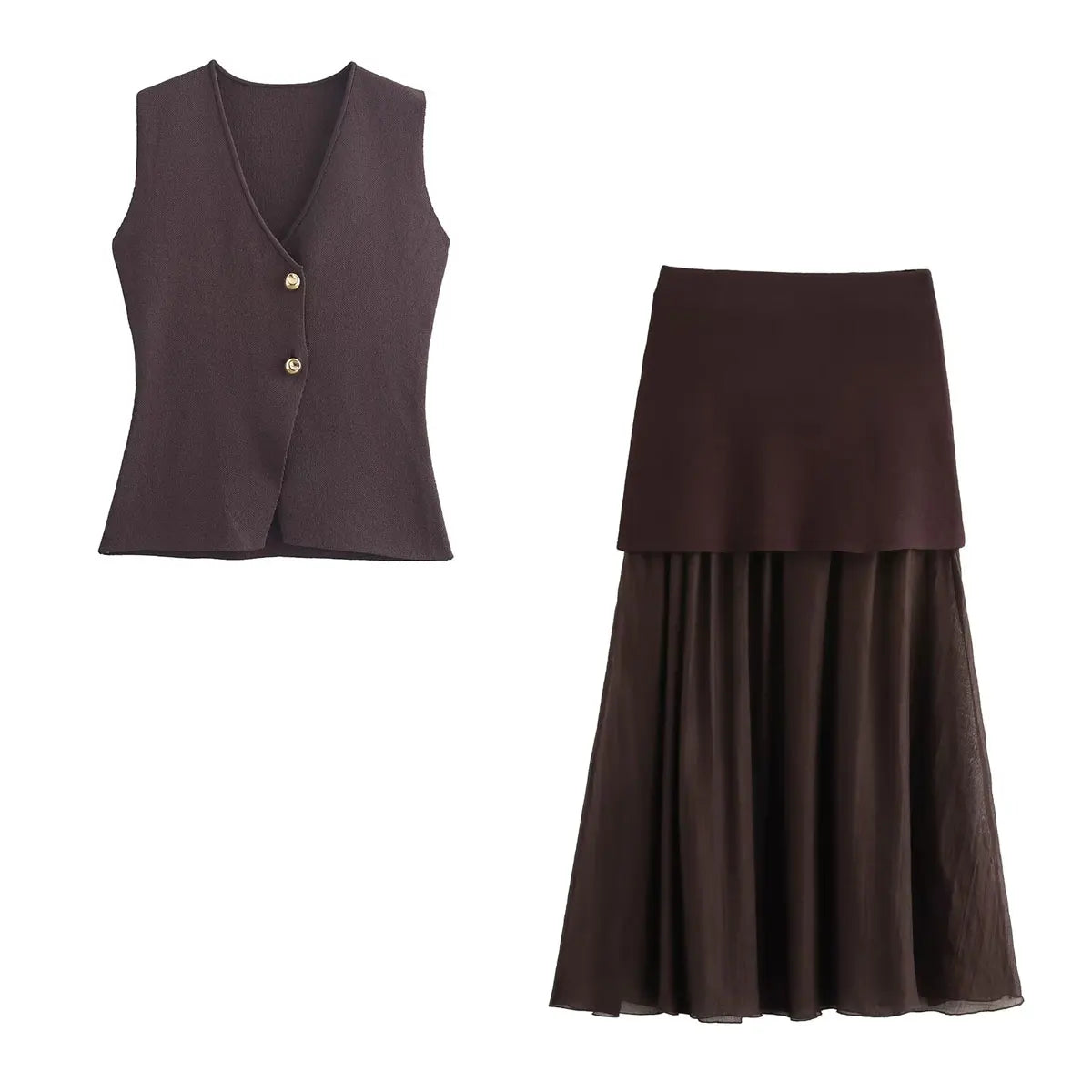 Elegant Wine Red Knitted Skirt Set for Women – V-Neck Vest & High-Waist Midi Skirt | Spring/Summer 2025