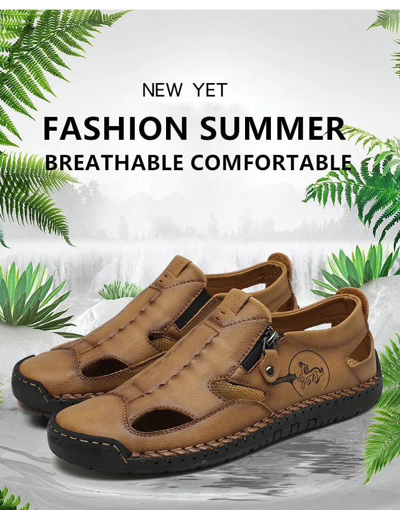 Men’s Leather Roman Sandals – Breathable Handmade Casual Summer Shoes for Outdoor & Beach