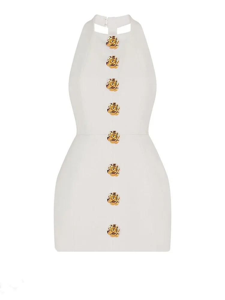 Chic Pink Halter Mini Dress – Backless, Sleeveless, Gold Button | Summer Party Dress 2025