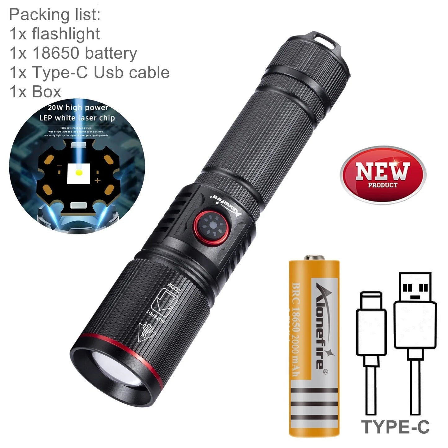 20W Zoom Round Beam Light LED High Power flashlight USB Rechargeable Torch Camping Outdoor Hunting Fishing Walking Lighting Lamp
