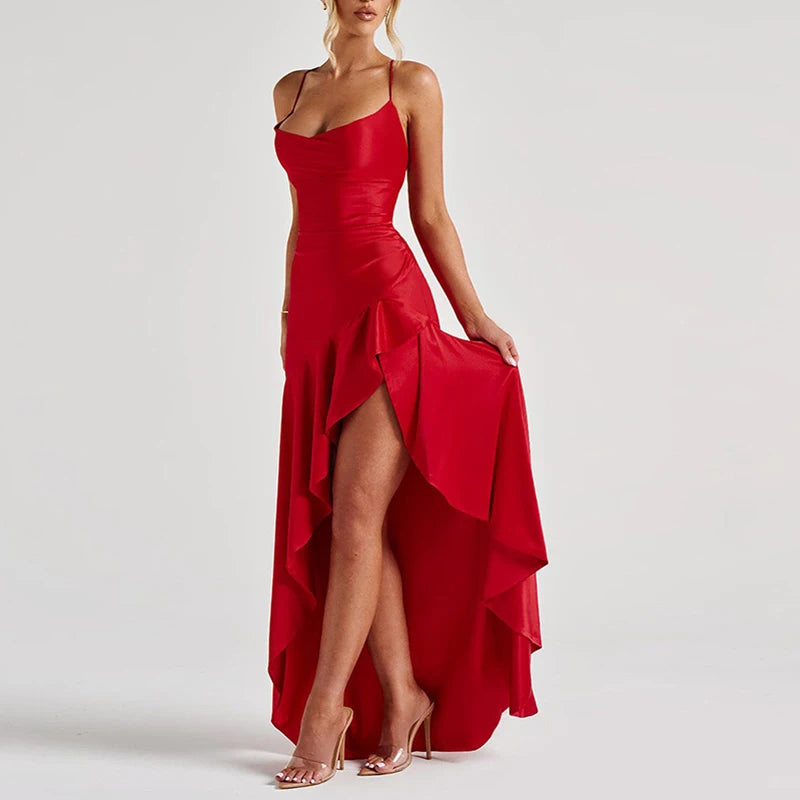 Sexy Slash Neck Slim Ruffle Banquet Dress Women Spring Backless Lace-up Long Irregular Dress Summer Sleeveless Hollow Maxi Dress