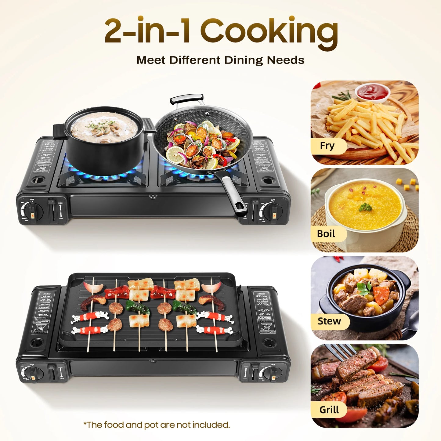 Propane Camping Stove with Dual Burners, Grill Tray, Adjustable Temperature for Outdoor Cooking, Boiling, and Grilling