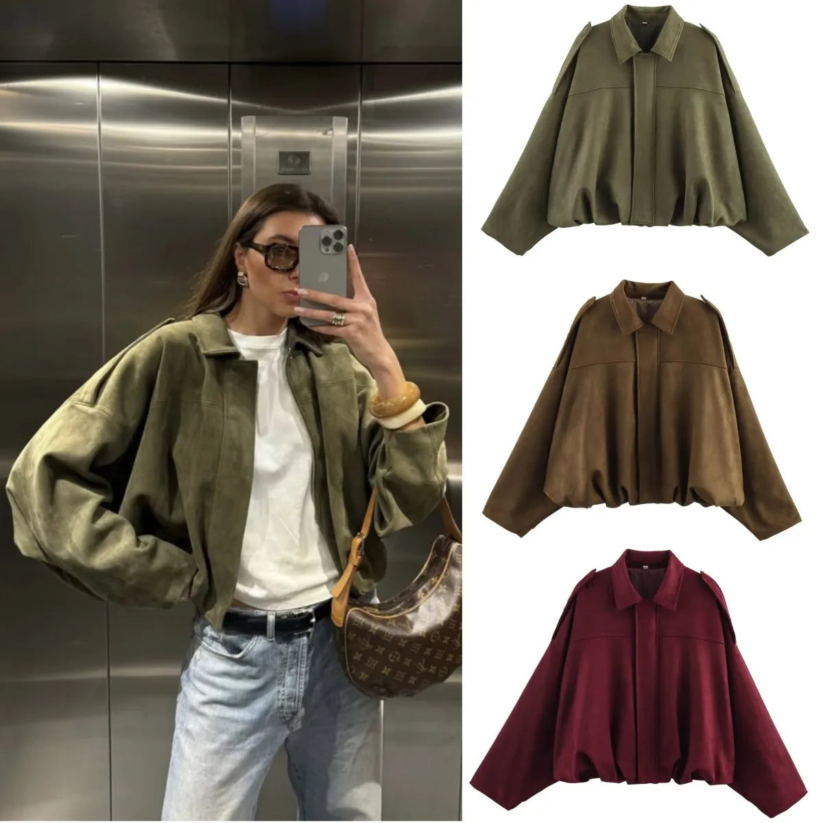 Women’s Suede-Texture Bomber Jacket – Casual Lapel Zip Coat | ETJ