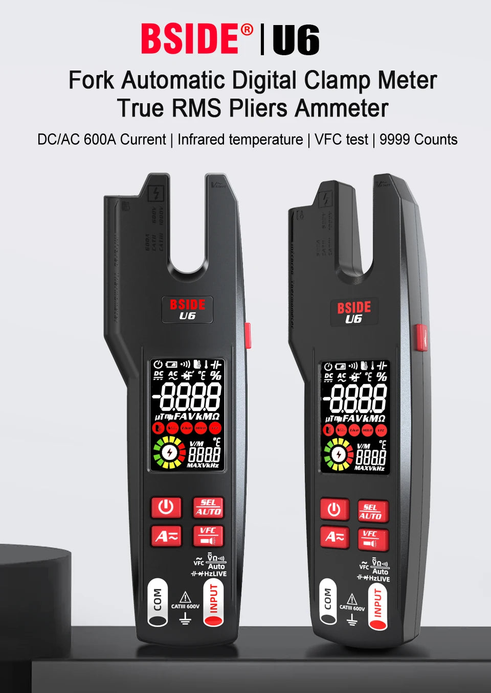 BSIDE Professional Digital Clamp Meter U6 Fork 600A Ammeter Pliers T-RMS DC AC Current OpenJaw Electrical Tester Auto Multimeter