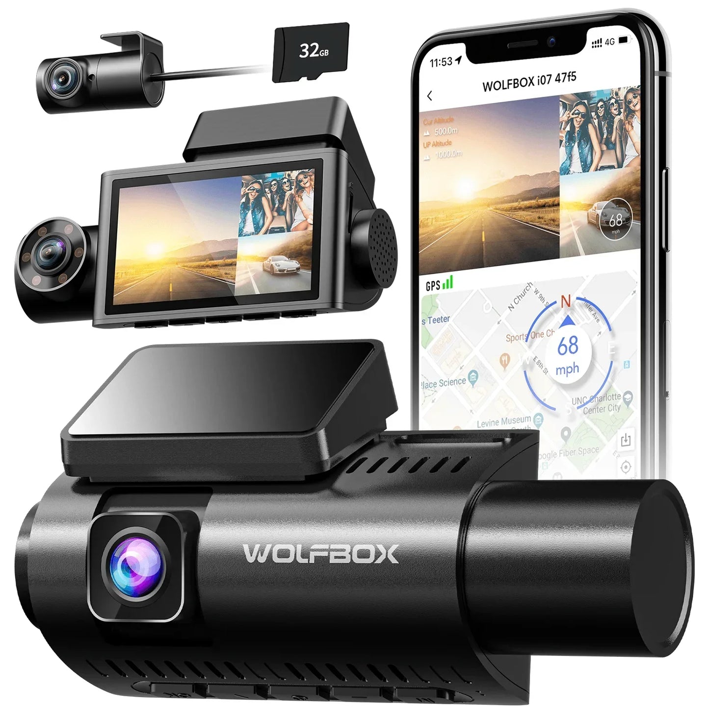 WOLFBOX I07 Dash Cam 3 Channel Dash Camera for Car Front and Rear 4K Dash Camera with GPS WiFi Car Dvr for 170 FOV WDR