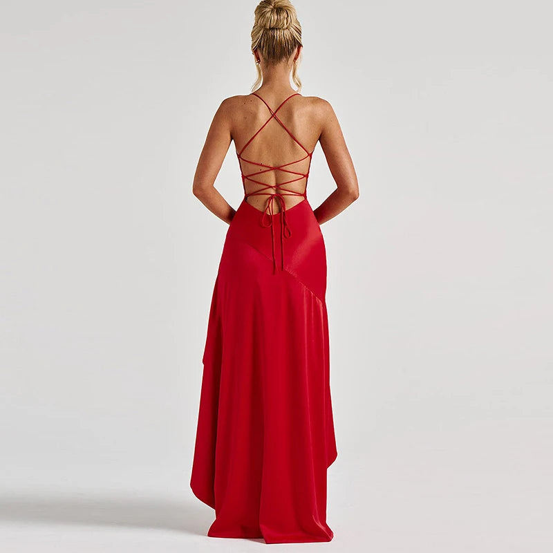 Sexy Slash Neck Slim Ruffle Banquet Dress Women Spring Backless Lace-up Long Irregular Dress Summer Sleeveless Hollow Maxi Dress