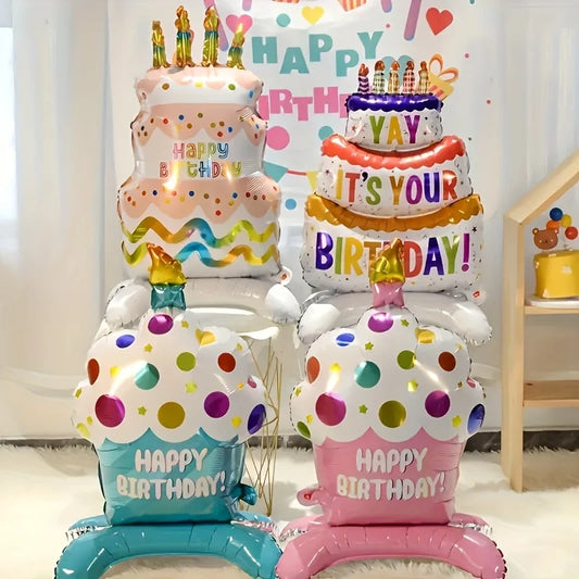 Birthday Cake Balloon with Base Standing Foil Balloon Cute Cake Balloon Kids Boy Girl Birthday Party Decor Supplies Baby Shower