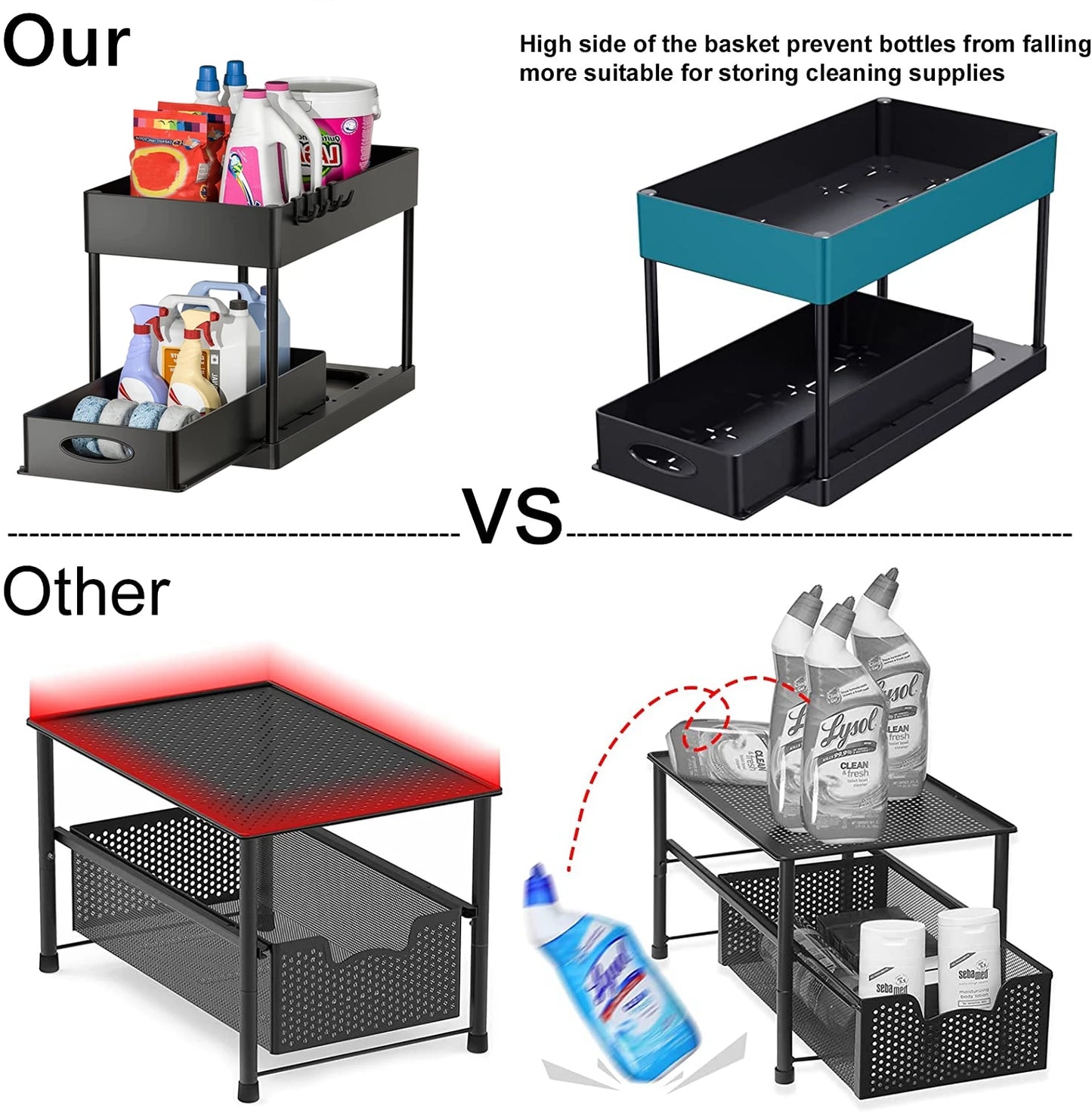 2-Tier Under Sink Organizer with Sliding Drawers & Hooks